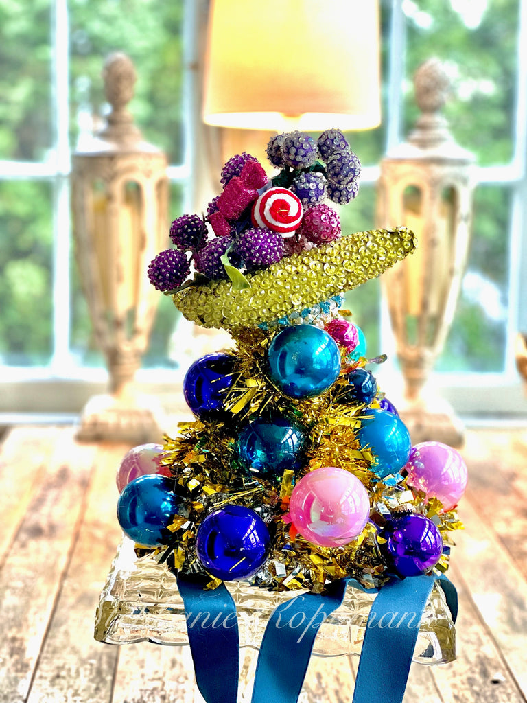 Kitschy Vintage table decor/MCM 1960s Sequined fruit Basket Ornament Tree Hat for Xmas 2025