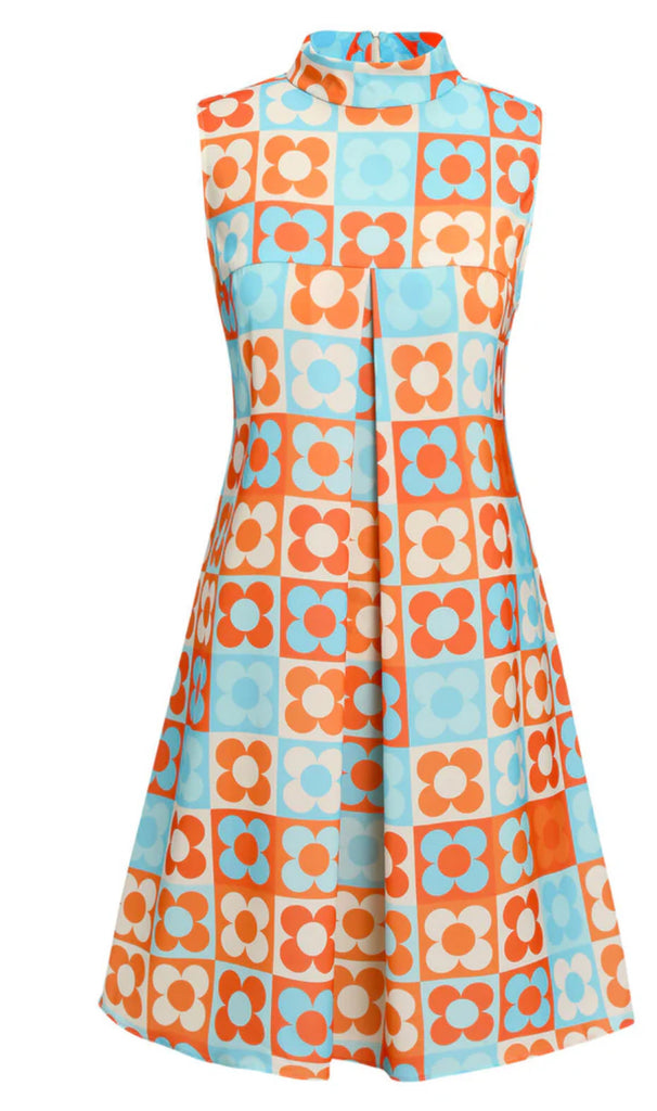 ORANGE & BLUE 1960S FLORAL STAND COLLAR DRESS