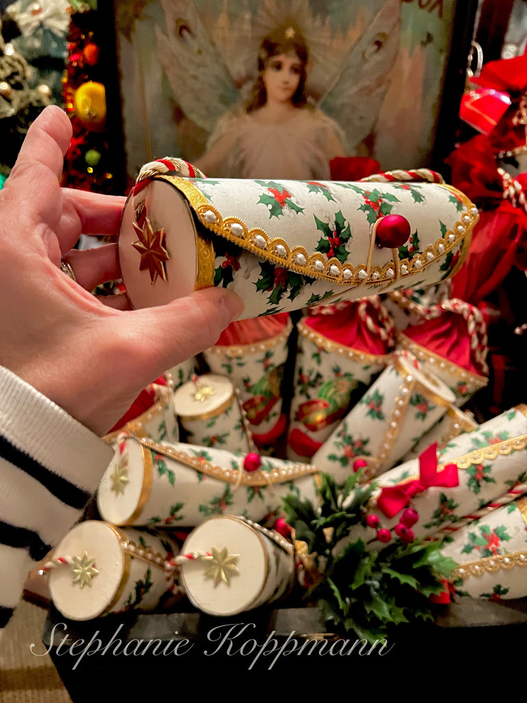 11” Antique Christmas Holly Paper Valise Candy containers
