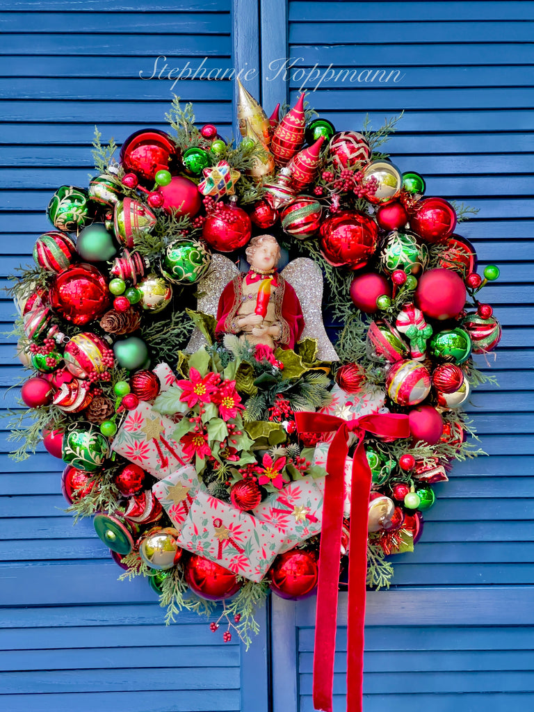 Antique German wax Angel Vintage Glass Ornament Wreath