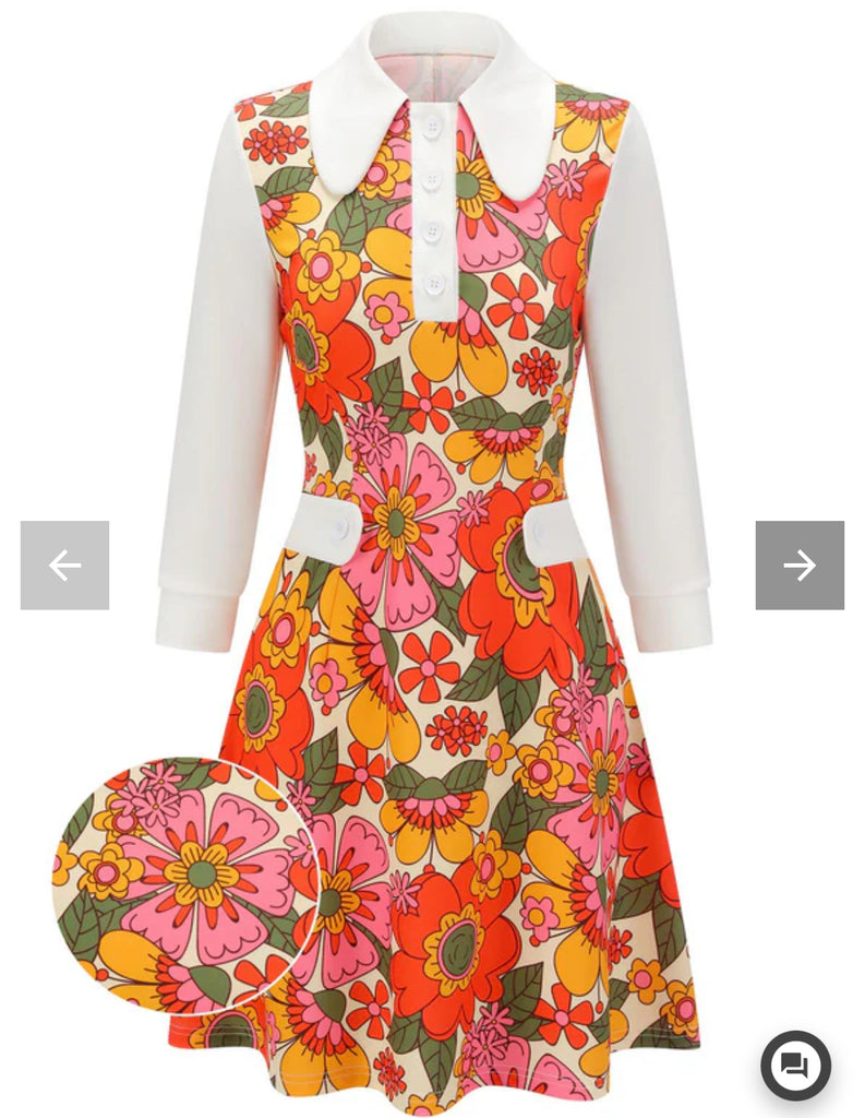 ORANGE 1960S LAPEL FLOWERS PATCHWORK DRESS