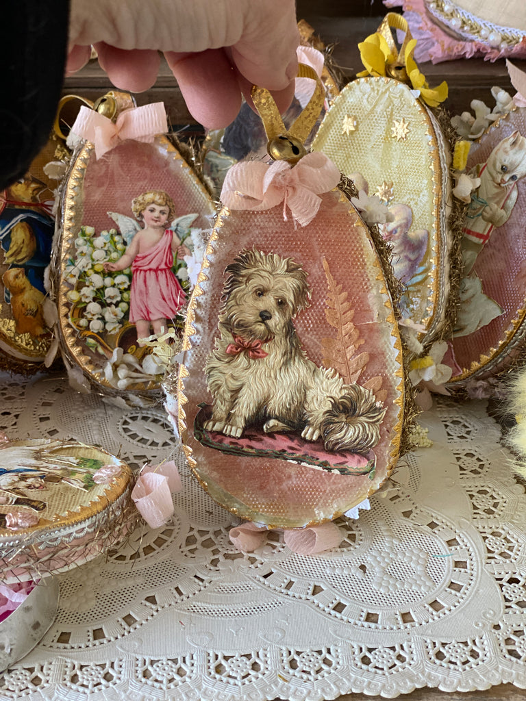 Easter Dresden “Terrier on a pillow”  container Antique diecuts