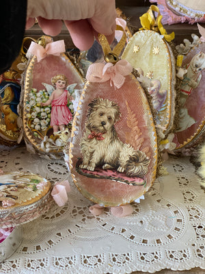 Easter Dresden “Terrier on a pillow”  container Antique diecuts