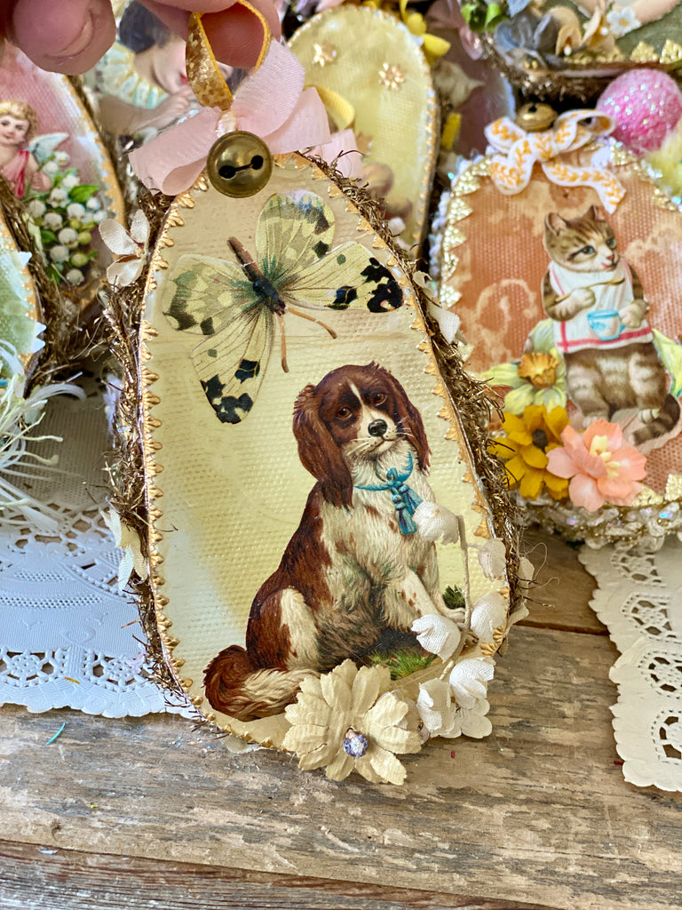 Easter Dresden “Spaniel and Butterfly” container Antique diecuts
