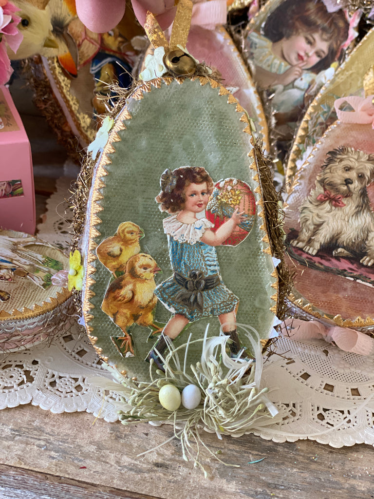 Easter Dresden “Girl and baby chicks” container Antique diecuts