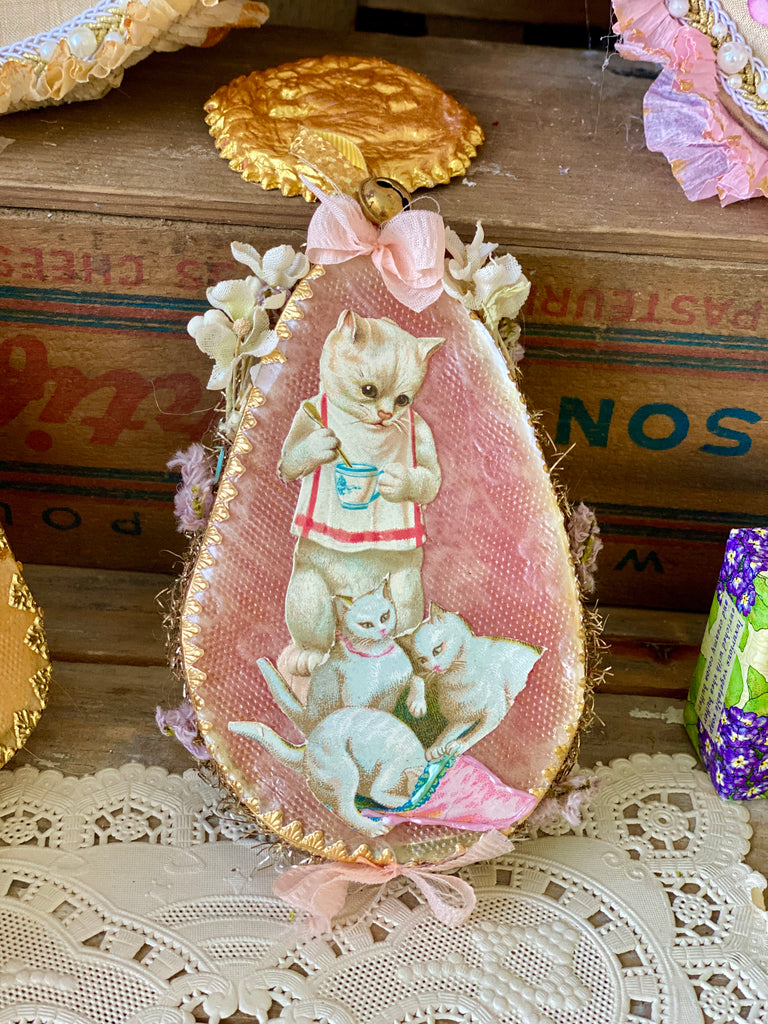 Easter Dresden “Kittens breakfast” container Antique diecuts