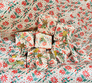 4” gift packages wrapped in Antique Christmas wrapping paper